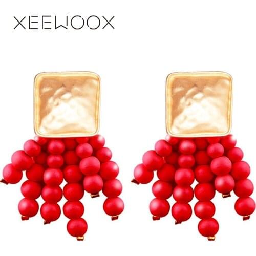 XEEWOOX 2019 New Bohemian Red Beads Tassel Earrings Gold Square Dangle Earrings Designer Round beads Romantic Wommen Earrings