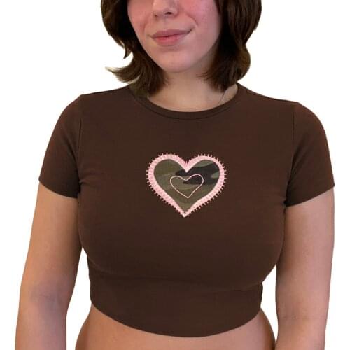 Y2K EGIRL Vintage Patchwork Leopard Long Sleeve T-shirts Aesthetics O-neck Heart Pattern Brown Crop Tops Streetwear Slim Tee
