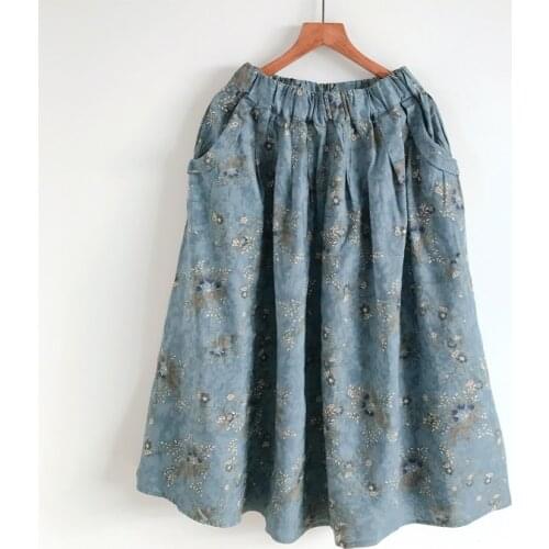 2020 New autumn Women Skirt Japan Style Literary Floral Print Elastic Waist Cotton Loose A-line Skirts Women