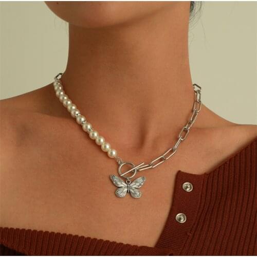 Pearl Butterfly Asymmetry Necklace For Women Pendant Hollow Choker Creative Mask Hip Hop Jewelry 2021 New Fashion New Trendy
