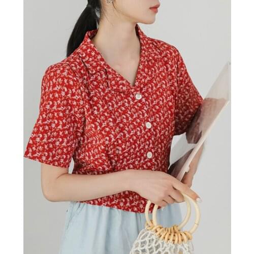 Red Floral Print Short Blouse Women Vintage Lapel Button Short Sleeve Summer Shirt Female Casual Crop Tops