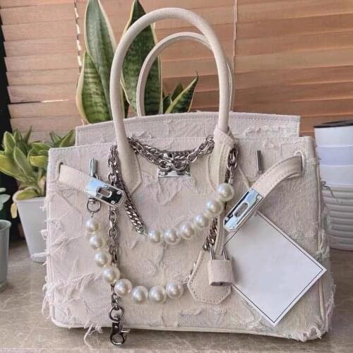 Fringed solid canvas bag womens handmade denim pearl chain platinum bag vintage handbag