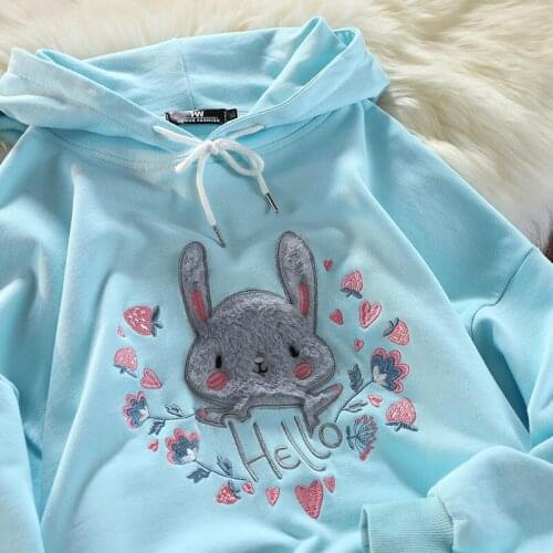 Ins Original Design Cute Floral Rabbit Embroidery Sweatshirt Hoodies Women Long Sleeve Tops 2021 Autumn New Korean Fashion Teens