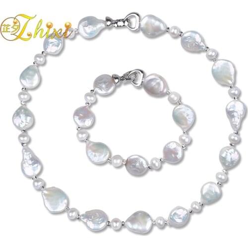 ZHIXI choker necklace bracelet pearl jewelry sets for women beads gift natural simple trendy anniversary buckle baroque T210