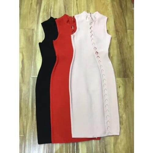 2017 New Summer Sexy Women Bandage Dress Red Sleeveless Turtleneck Elegant Lady Club Evening Party Bodycon Dresses Wholesale