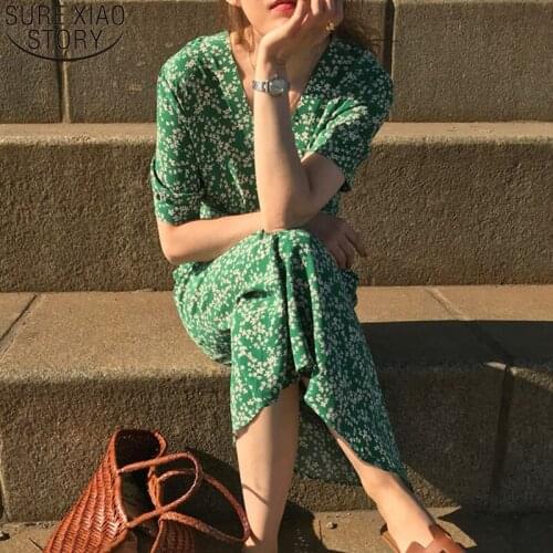 2021 Korea Chic Summer Dress Women Floral Print Green Dress Fashion V-neck Casual High Waist Midi Long Dress Vestido Robe 14146