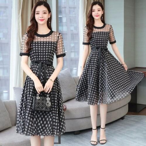 2021 Elegant Black Plaid Mesh Sexy Midi Dresses Spring Summer Plus Size Vintage Runway Short Dress Women Bodycon Party Vestidos