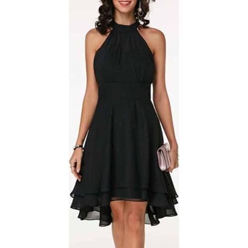 Sexy Women Sleeveless High Waist Irregular Hem Cropped Layered Solid Chiffon Halter Party Dress