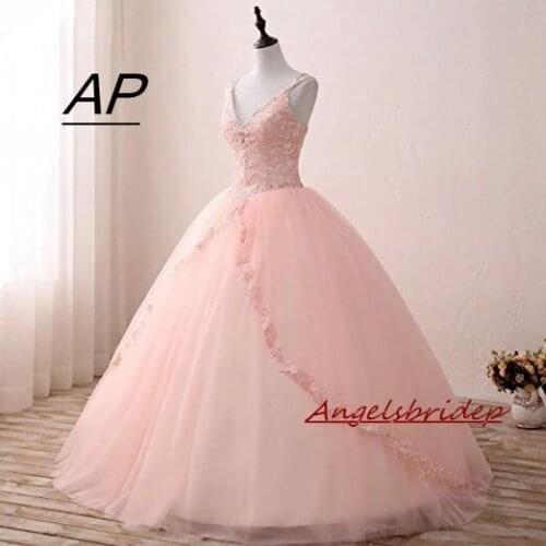 ANGELSBRIDEP Pink Ball Gown Quinceanera Dresses Vestidos De 15 Anos Fashion Spaghetti Straps Applique Tulle Birthday Party Gowns