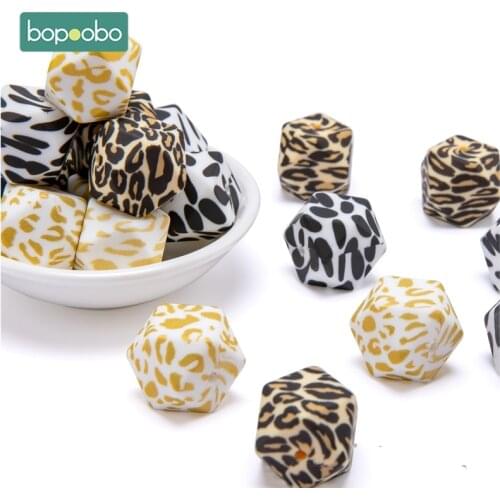Bopoobo 10pc 14MM Octagonal Hexagonal Beads 17MM Leopard Printing Silicone Beads Teether DIY Pacifier Clips Beads Necklace Craft