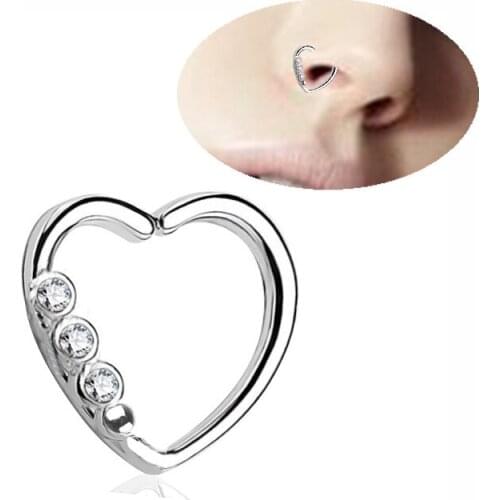 2Pcs Heart Zircon Piercing Nose India Jewelry Segment Hinged Rings Nariz Septum Clicker Earring Tragus Gypsy Boho Body jewellry