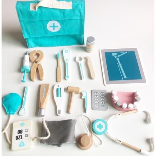 Childrens Role Play Doctor Play House Game Wooden Simulation First-Aid Kit Series Medical Equipment Toys