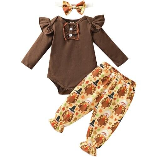 Infant 3Pcs Toddler Thanksgiving Outfits, Long Sleeves Romper + Cartoon Turkey Pants + Hairband for Baby Girls, Brown