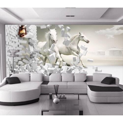 Custom Animal Papel Murals White Horse&bricks 3d Wallpaper 5d Wall Mural for Sofa Background Living Room 3d Wall Photo Mural