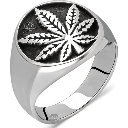 Solid 925 Sterling Silver Weed Marijuana Leaf Symbol Mens Ring