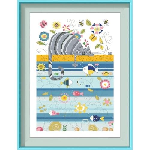 Dreampattern Cat and fish Cross-stitch kits animal cartoon pattern design 18ct 14ct 11ct unprint canvas embroidery DIY