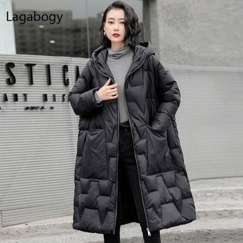 Lagabogy 2021 New Winter Women Oversize Long 90% White Duck Down Jacket Female Hooded Thick Warm Casual Pocket Parkas Snow Coat