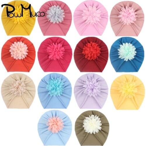 Powmuco 1 PCS Solid Color Handmade Flower Newborn Indian Hats Autumn and Winter Warm Toddler Beanie Caps Kids Hair Accessories