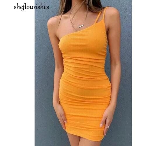 Sexy mini dress summer one shoulder dresses women bodycon dress knit spaghetti strap dresses ruched white dress black yellow