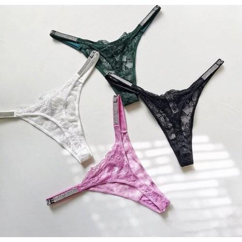 Sexy Women Underwear Shiny Rhinestone Lace Thin Belt Thong Transparent Underpant Low Rise Soft Ladies Panties NK017
