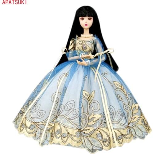 Blue Golden Handmade Princess Dress For Barbie Doll Clothes Outfits 1/6 Dolls Accessories Puff Sleeve Bowknot Party Gown Toy