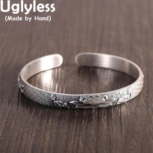 Uglyless Thai Silver Embossed Brave Troops Vines Lotus Bangles for Women Real 999 Pure Silver Ethnic Jewelry Vintage Bangles