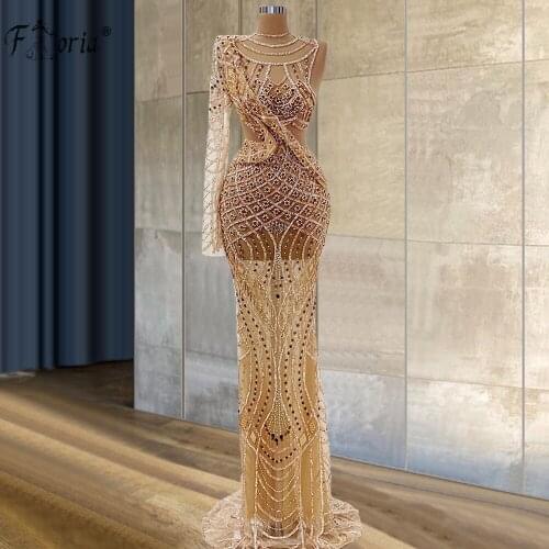 One Shoulder Full Beaded Evening Dress Handmade Crystals Saudi Arabia Party Dresses See Through Prom Dress Robe De Soiree
