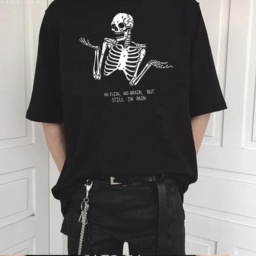No Flesh No Brain Skull Funny T shirt Printed Women Cotton Short Sleeve Unisex LaMort Streetwear Halloween Tees Hipster Top Tees