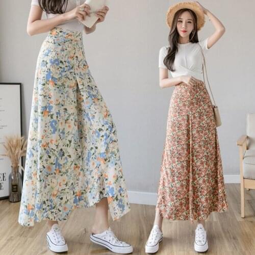 2021 Summer Floral Cropped Skirt High Waist Double Layer Chiffon Wide Leg Pants Skirts Womens Ankle-length Print Women Cothes