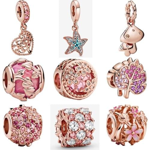 925 Sterling Silver Beads Rose Golden Charms Pink Pendents Fit Original Pandora Bracelets Women DIY Fashion Jewelry