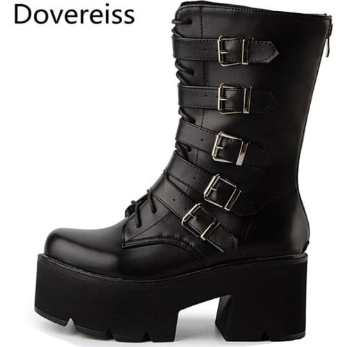 Dovereiss Fashion Womens Shoes New Winter Sexy Buckle Concise Waterproof Chunky heels Back zipper Matin boots Half boots 35-44