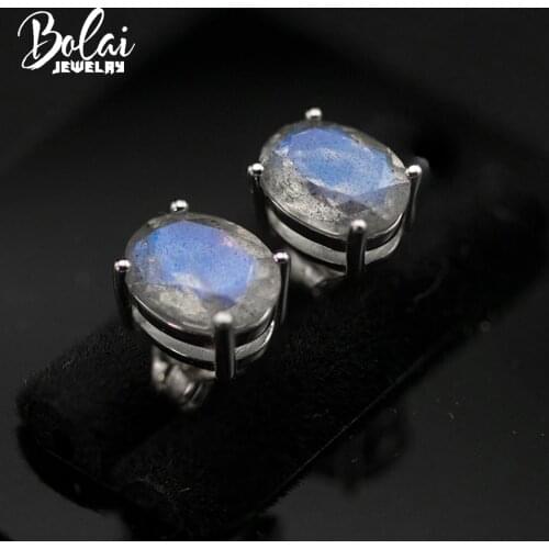 Bolai Natural Labradorite Stud Earrings Solid 925 Sterling Silver Oval 8*6mm Gemstone Jewelry for Women Girl Simple Basic Style