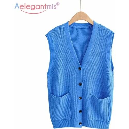 Aelegantmis Vintage Basis Knitted Vest Women Pocket V Neck Sweater Sleeveless Casual Single Breasted Solid Waistcoat Jumpers New