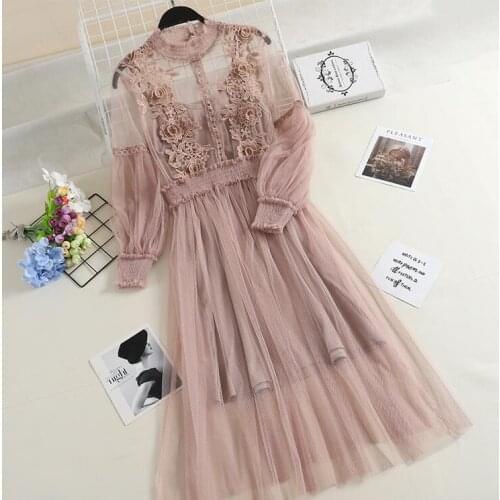 Womens Spring Summer Long Sleeve Lace embroidery Dress Female Vintage Pleated 2 pieces Mesh Dress TB689