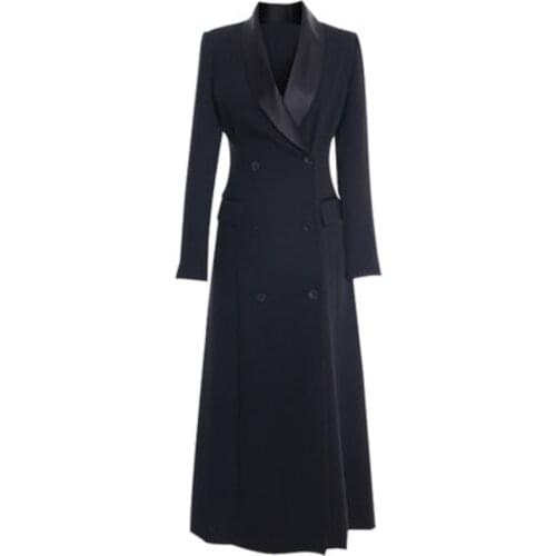 New spring Autumn Office Lady notched ol dress Women Long double breasted Black Maxi dress