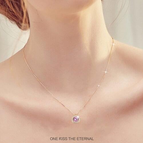 Fashion cute pink crystal zircon diamonds gemstones pendant necklaces for women 18k gold color choker chain jewelry bijoux gift