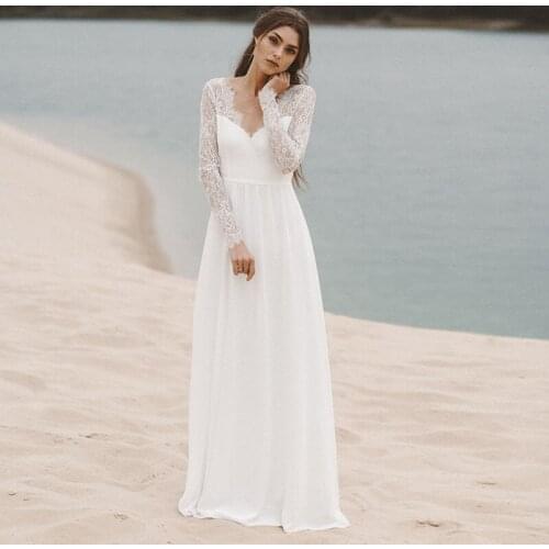 Beach Prom Dresses Long Sleeve V Neack Lace Top A-Line Chiffon Skirt Open Back Vintage Bride Dress Gown vestidos de cóctel