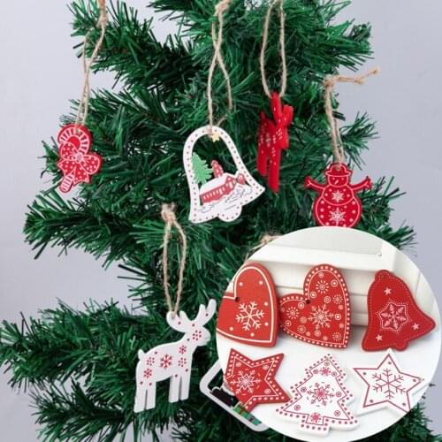 10Pcs/Set Natural Wooden Christmas Ornaments Star Bells Hanging Pendant Snowflakes Elk Chirstmas Tree Xmas Party DIY Decoration