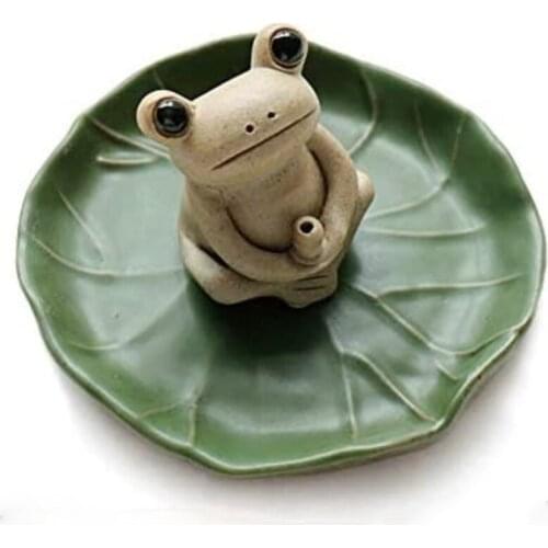 100% Handmade Ceramic Stick Incense Burner Holder,Small Frog Incense Lotus Leaf Tray ,Mini Cute Home Incense Burner Home Decor