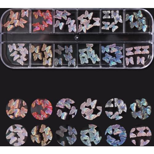 12 Gird/Box Butterfly Bear Nail Art Decoration 3D Colorful Metal Rivet Charms Aurora Studs Multi-shape Manicure Accessories KY01