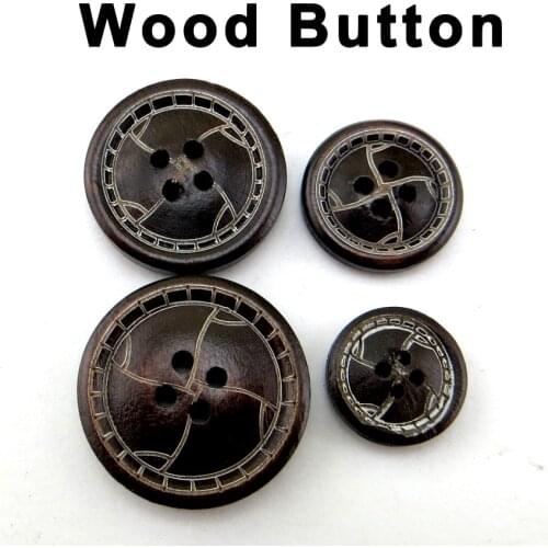 30PCS Deep Coffee Carving Wooden Ring Buttons 4 Holes Coat Button Garment Boots Sewing Fits MCB-038W