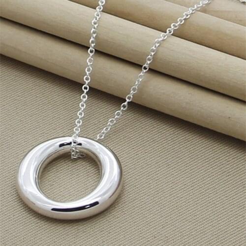 925 Sterling Silver Round Circle Smooth Pendant Necklace 18 Inch Snake Chain For Women Wedding Engagement Fashion Jewelry Gifts