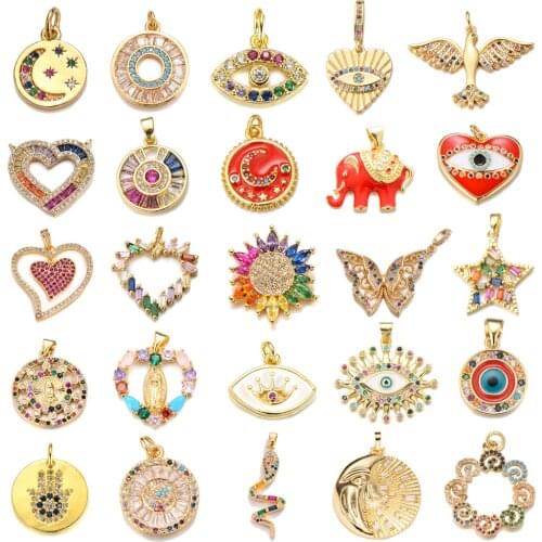 DIY Pendant Charms Copper Cubic Zirconia Heart Moon Evil Eye Butterfly Virgin Mary Charms Necklace Jewelry Making Nickle Free