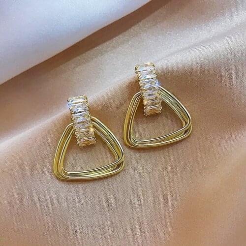 JUWANG 2021 New Vintage Brincos Stud Earrings AAA Cubic Zirconia Triangle Pendant Earrings Luxury Jewelry For Women Pendientes