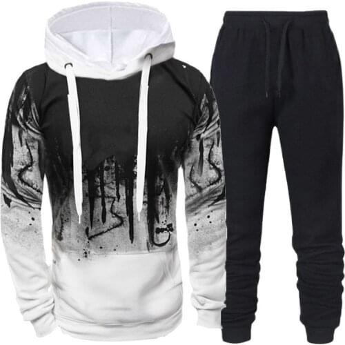 Autumn Winter Mens 2 Piece Set Warm Splash-Ink Print Casual Long Sleeve Oversize Hoodie Sweater Top+Sweatpant Tracksuit Outfit