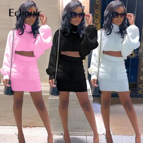 Echoine Women Street Ribbed Sweatsuit Set Lantern Sleeve crop top Sweater Midi Mini Skirts Suit Tracksuit Two Piece Set Outfits