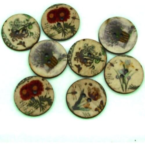 50pcs 15mm Random Mixed Round Frower Pattern Wooden Buttons For Clothes Crafts Sewing Scrapbooking DIY Accessories