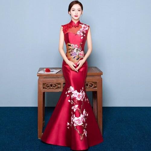 Fashion Wedding Party Cheongsam Oriental Evening Dress Chinese Style Womens Elegant Qipao Sexy Retro Dress Flowers Vestido S-3XL