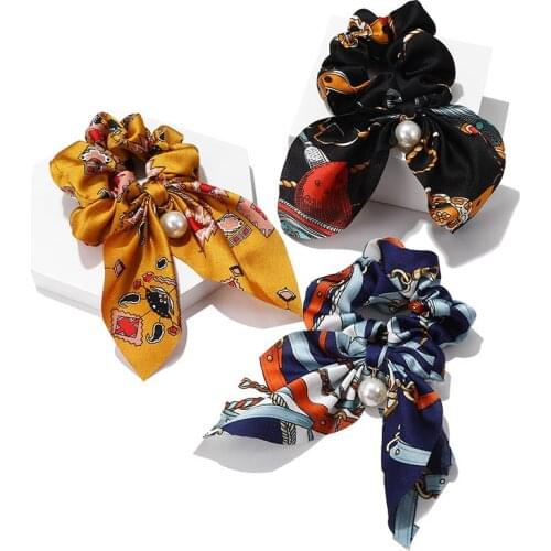 New Pearl Pendant Large Intestine Ring Hair Ring Ladies Hair Print Fabric Bow Hair Rope Headdress Friends Gifts