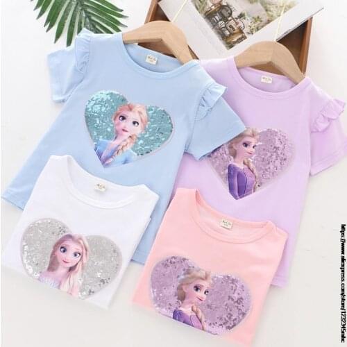 Original Disney T Shirt Frozen Elsa Kids Girls Children Cotton Short Sleeves Summer Clothing Sequins Print Tee Pink Toddler